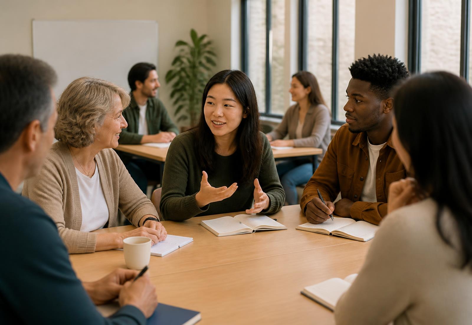 Westbridge sınıfında konuşma pratiği yapan yetişkin öğrenci grubu
